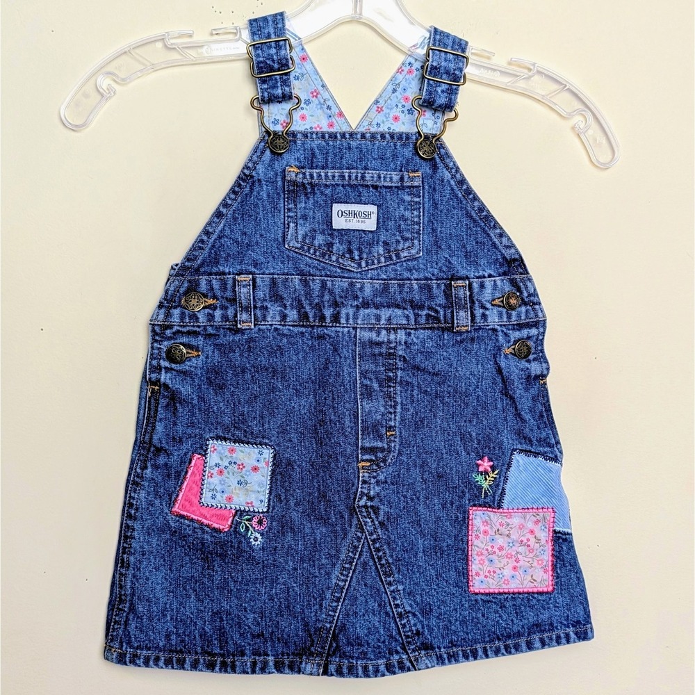 Oshkosh B'gosh Girls Vintage Y2K Denim Patchwork Bib Overalls Jumper Size 2T